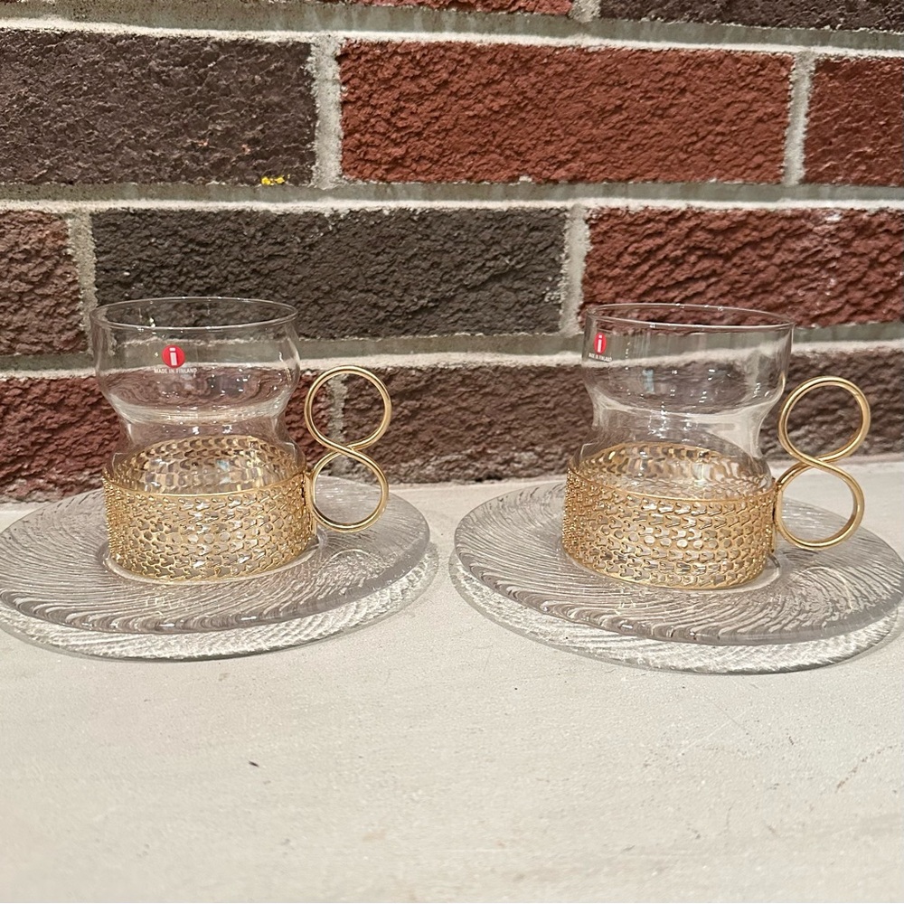4pc Iittala Finland Timo Sarpaneva Tsaikka Coffee Tea Glasses Plates Gold Holder